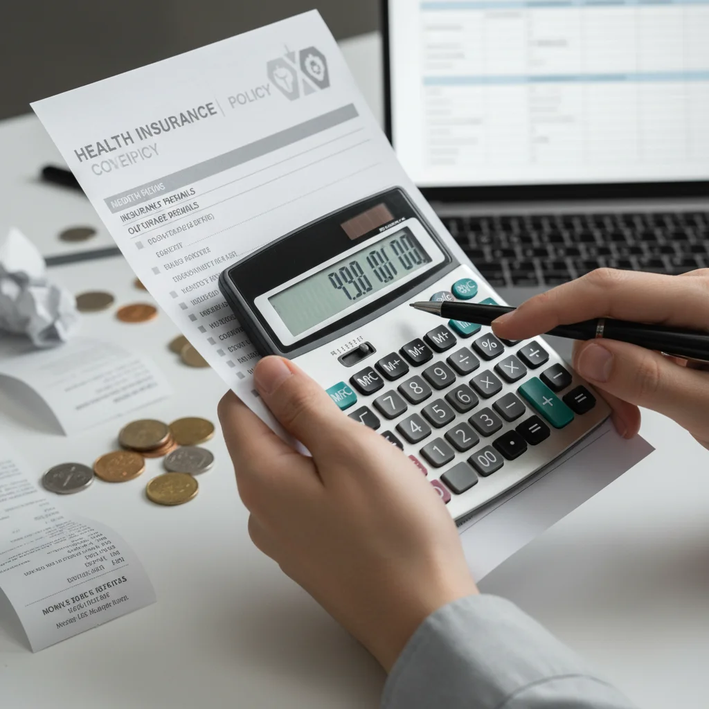 Calculating health insurance costs with a calculator and policy documents.