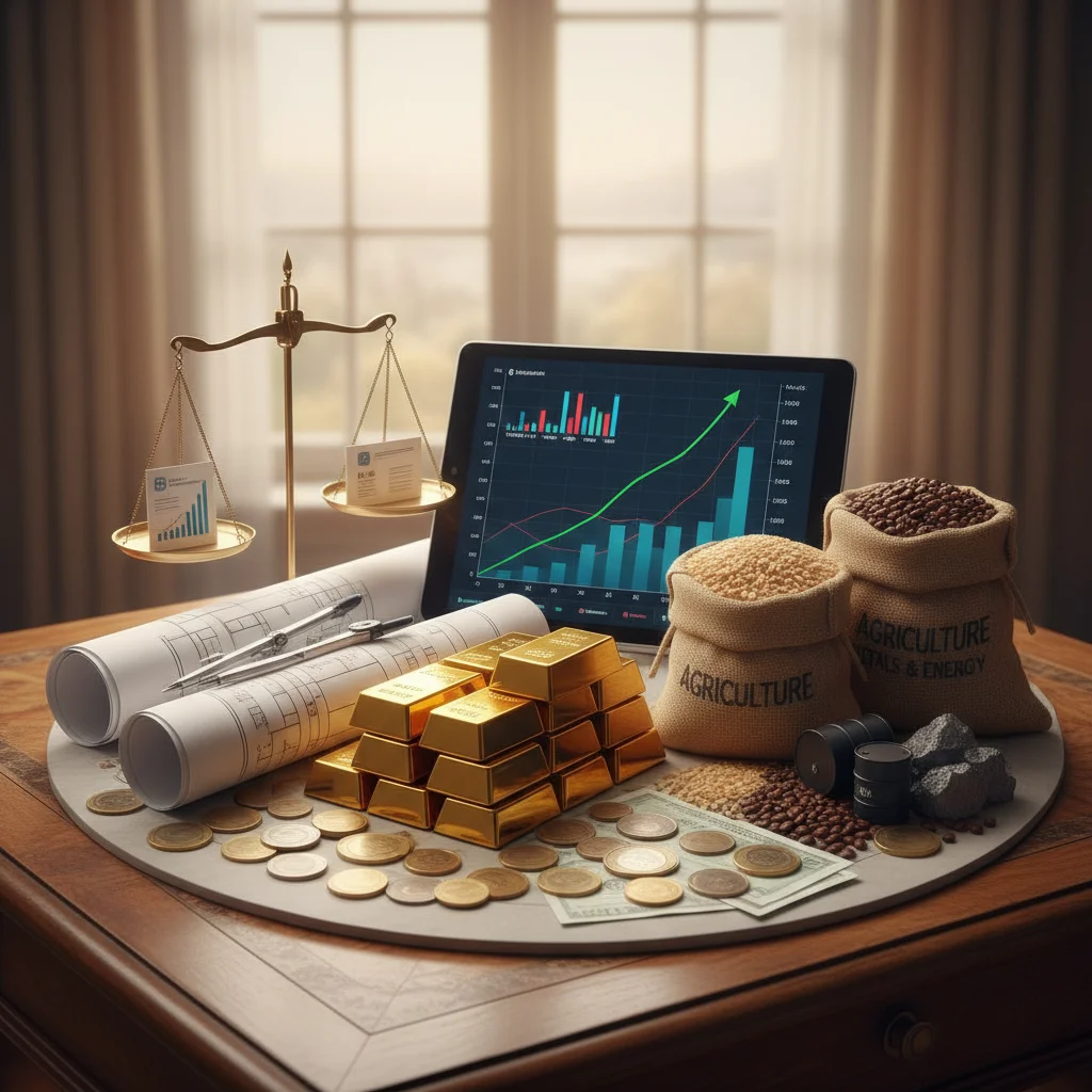 Diversified investment portfolio with various asset classes like gold, real estate, stocks, and commodities.