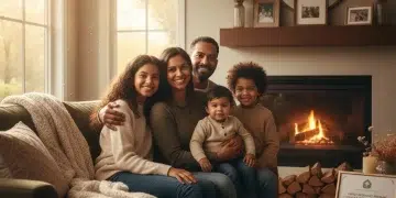 Family smiling in warm living room, benefiting from energy assistance