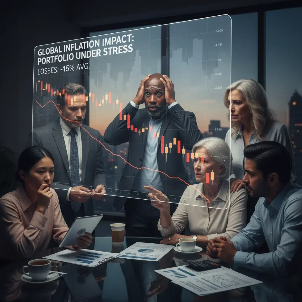 People observing a volatile stock market chart, reflecting investment concerns due to inflation