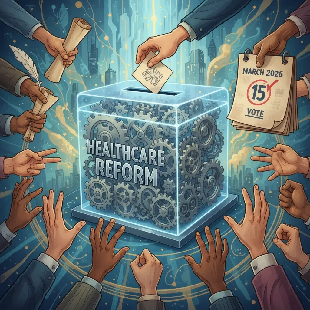 Symbolic image of the upcoming March 2026 vote on healthcare reform.