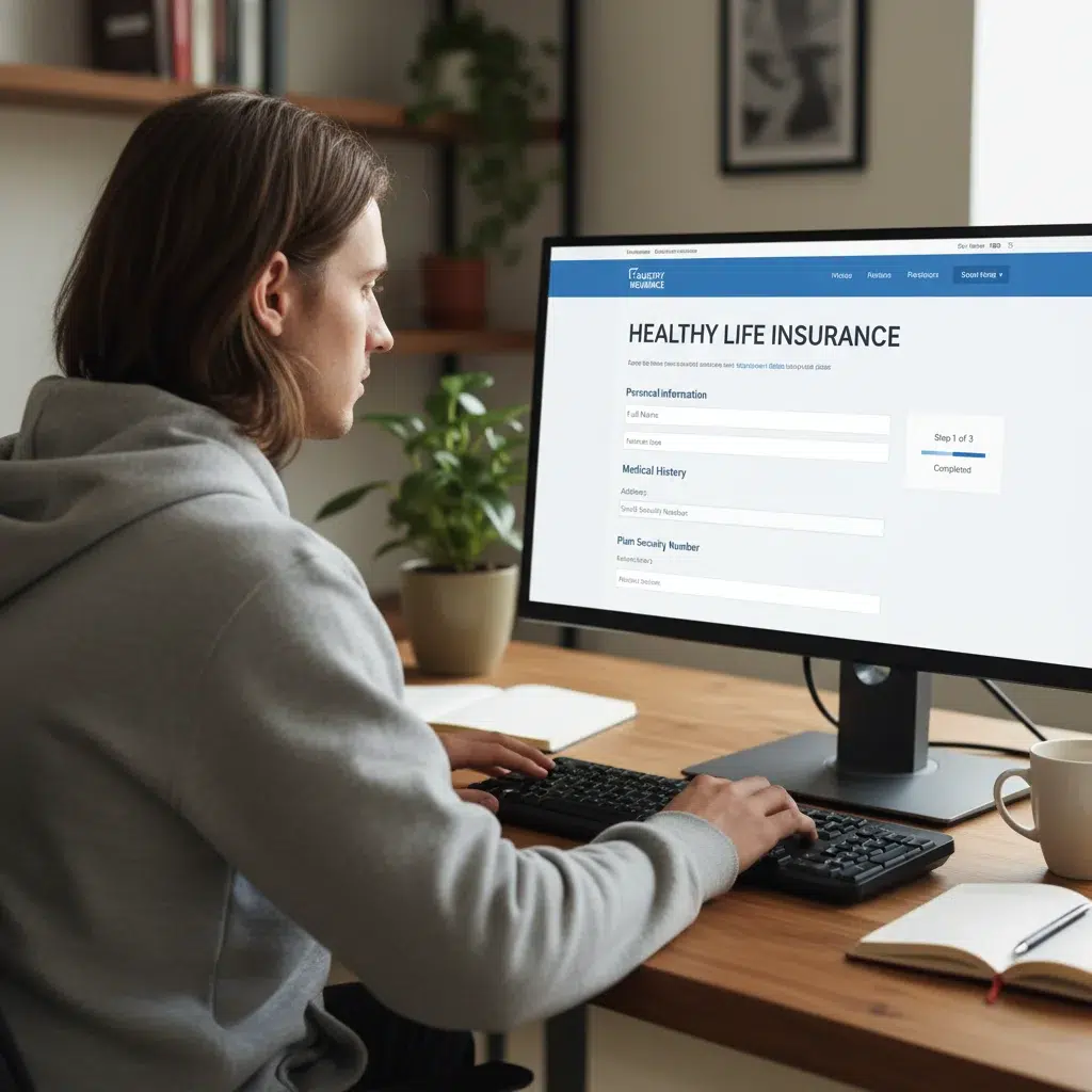 Individual completing an online health insurance application form.
