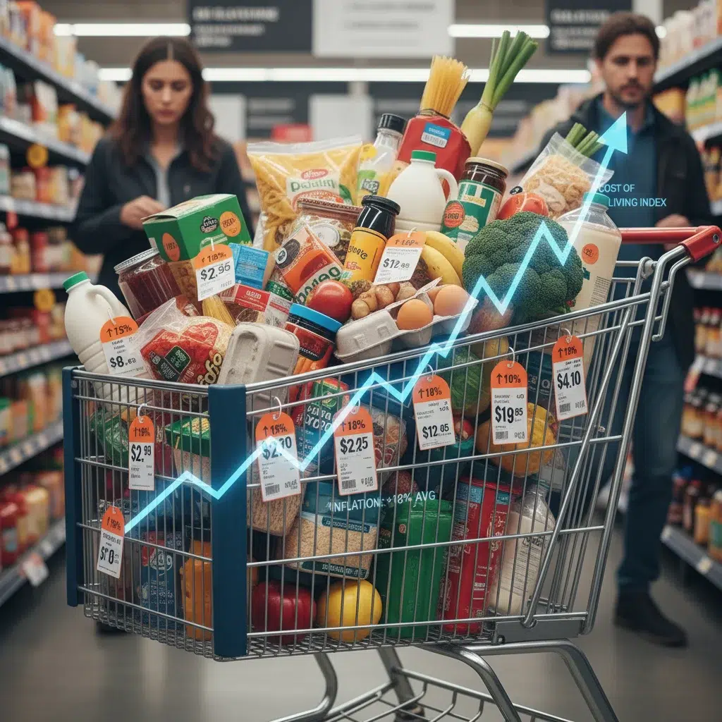 Grocery cart filled with food, illustrating rising consumer prices