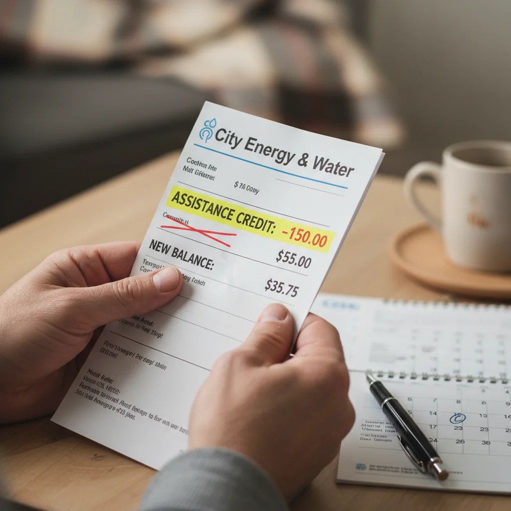 Hands holding utility bill with highlighted savings