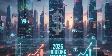 Futuristic city skyline with financial data overlays representing 2026 housing market forecast and mortgage rate impact.