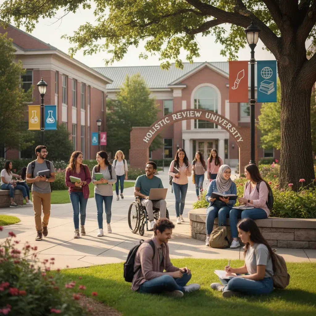 Diverse students on a vibrant college campus, embodying holistic review