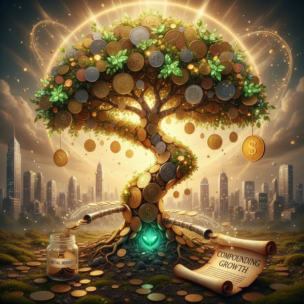 Compounding interest growth visualization with coin tree