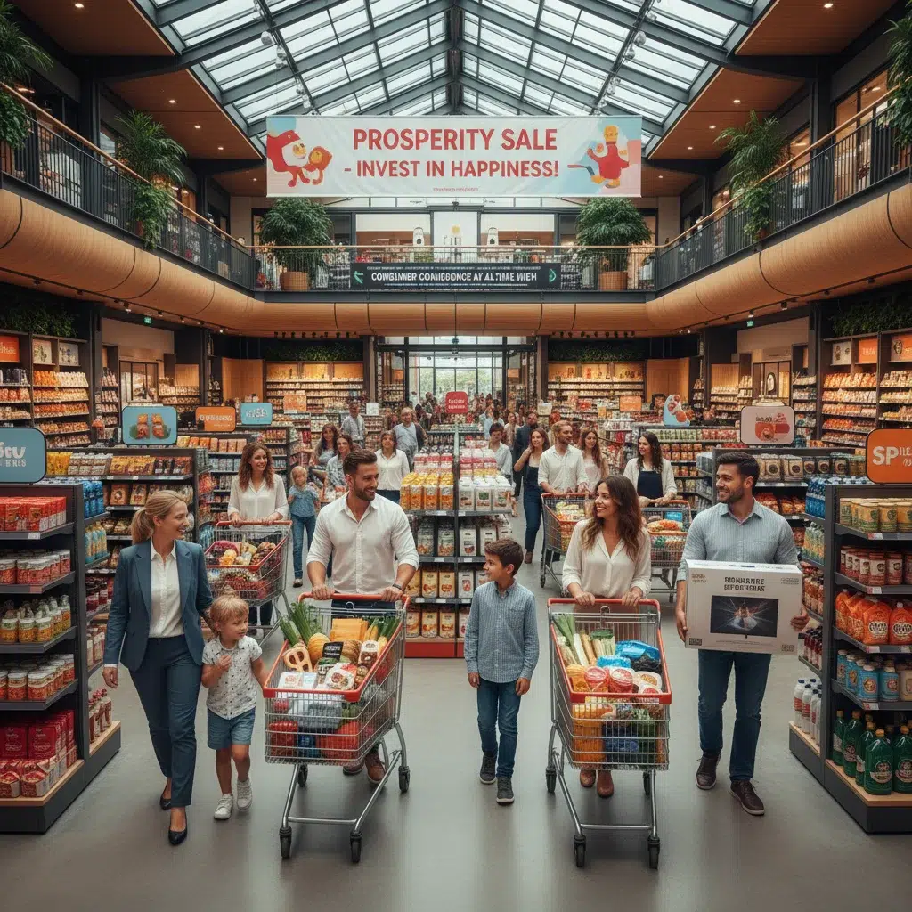 Consumers actively shopping, signifying strong consumer spending and economic confidence