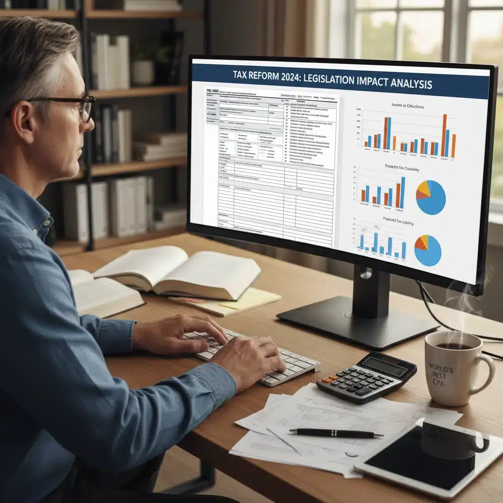 Individual analyzing personal tax implications on computer
