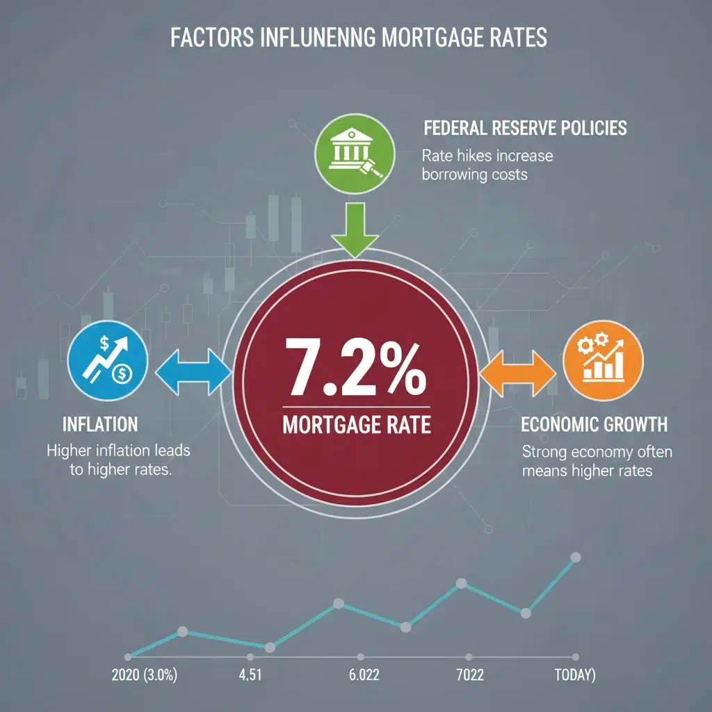 Infographic detailing factors influencing 7.2% mortgage rates in the 2026 housing market.