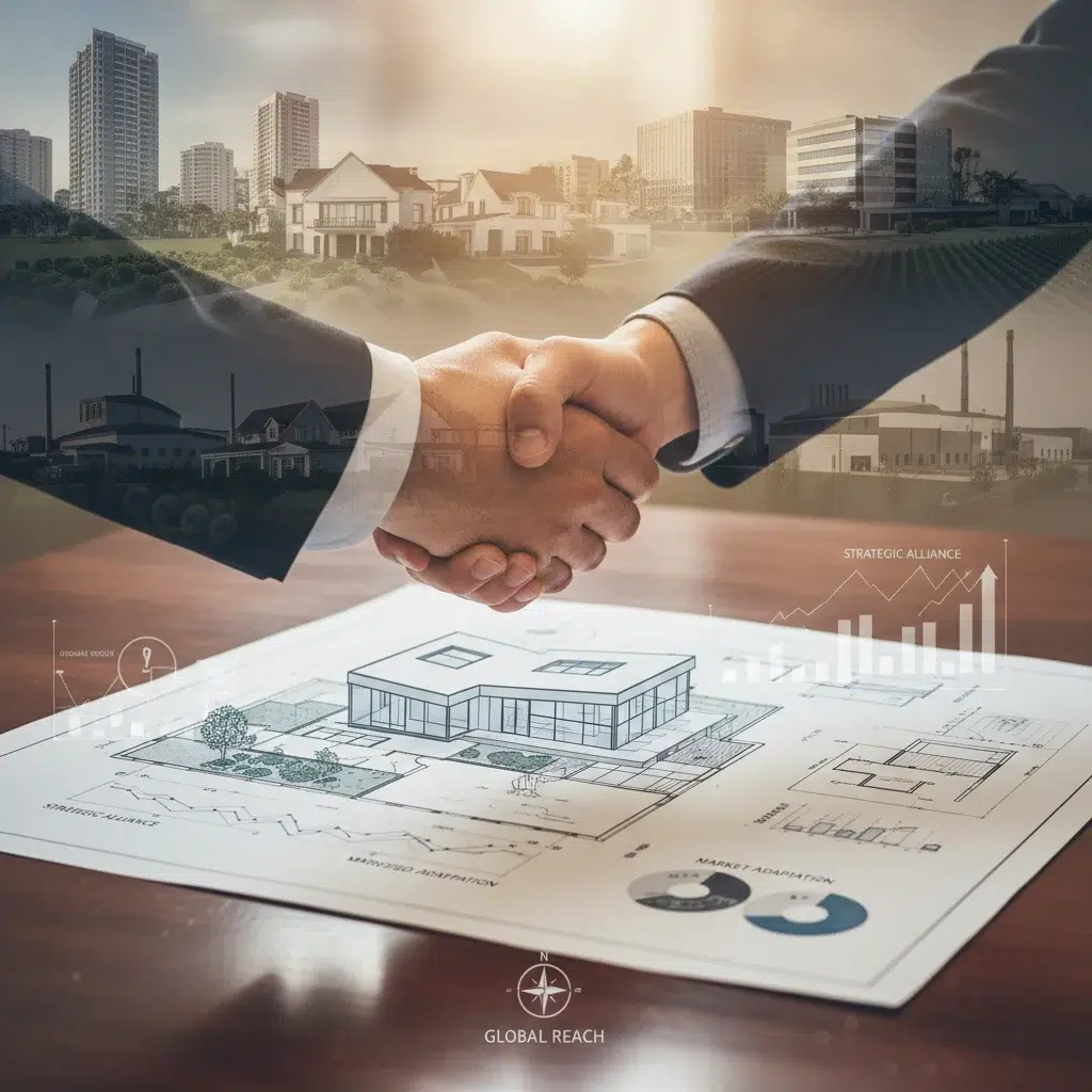 Hands shaking over a home blueprint, representing strategic real estate investment partnerships and diversification.