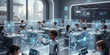 Students learning with AI in futuristic classroom setting