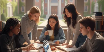 Students preparing for 2026 college admissions with books and technology