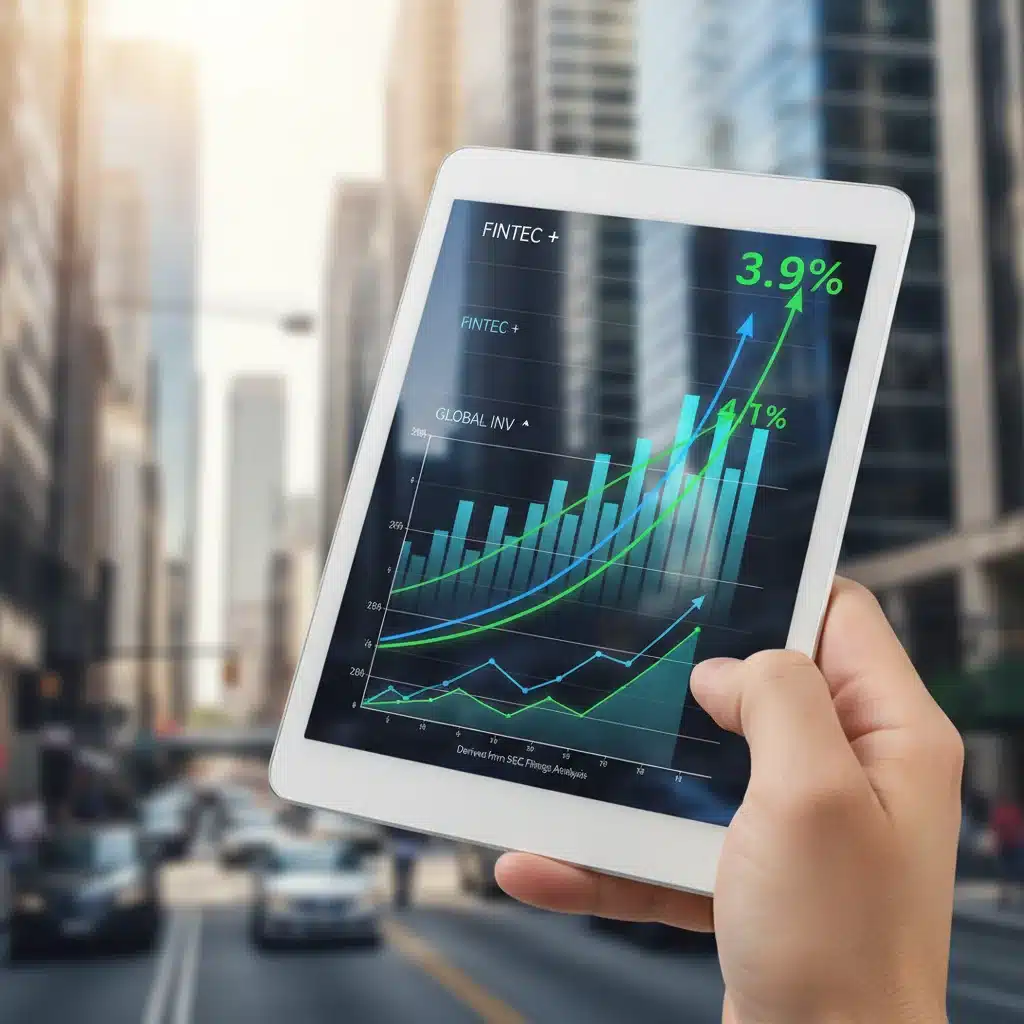 Tablet displaying rising stock charts in a financial district