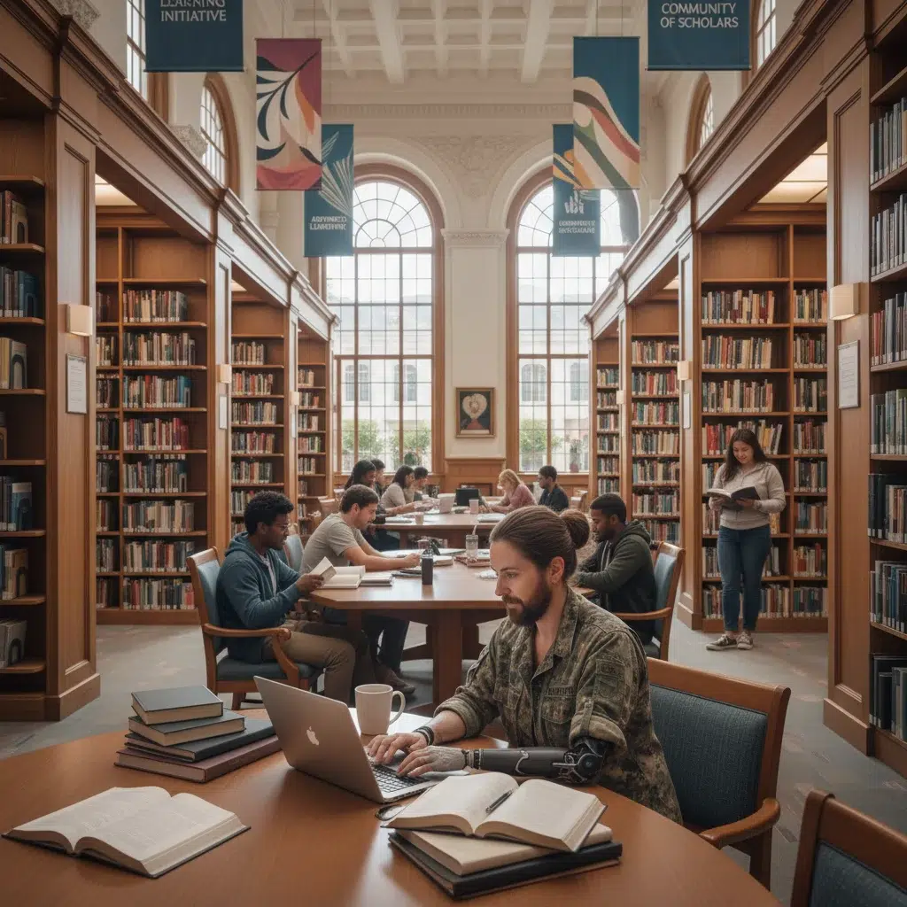 Veteran student studying in a modern university library