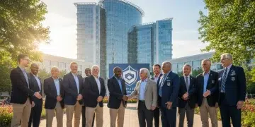 Diverse veterans smiling and shaking hands in front of a modern building